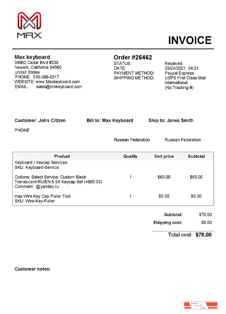 USA Max Keyboard Company invoice template PSD template